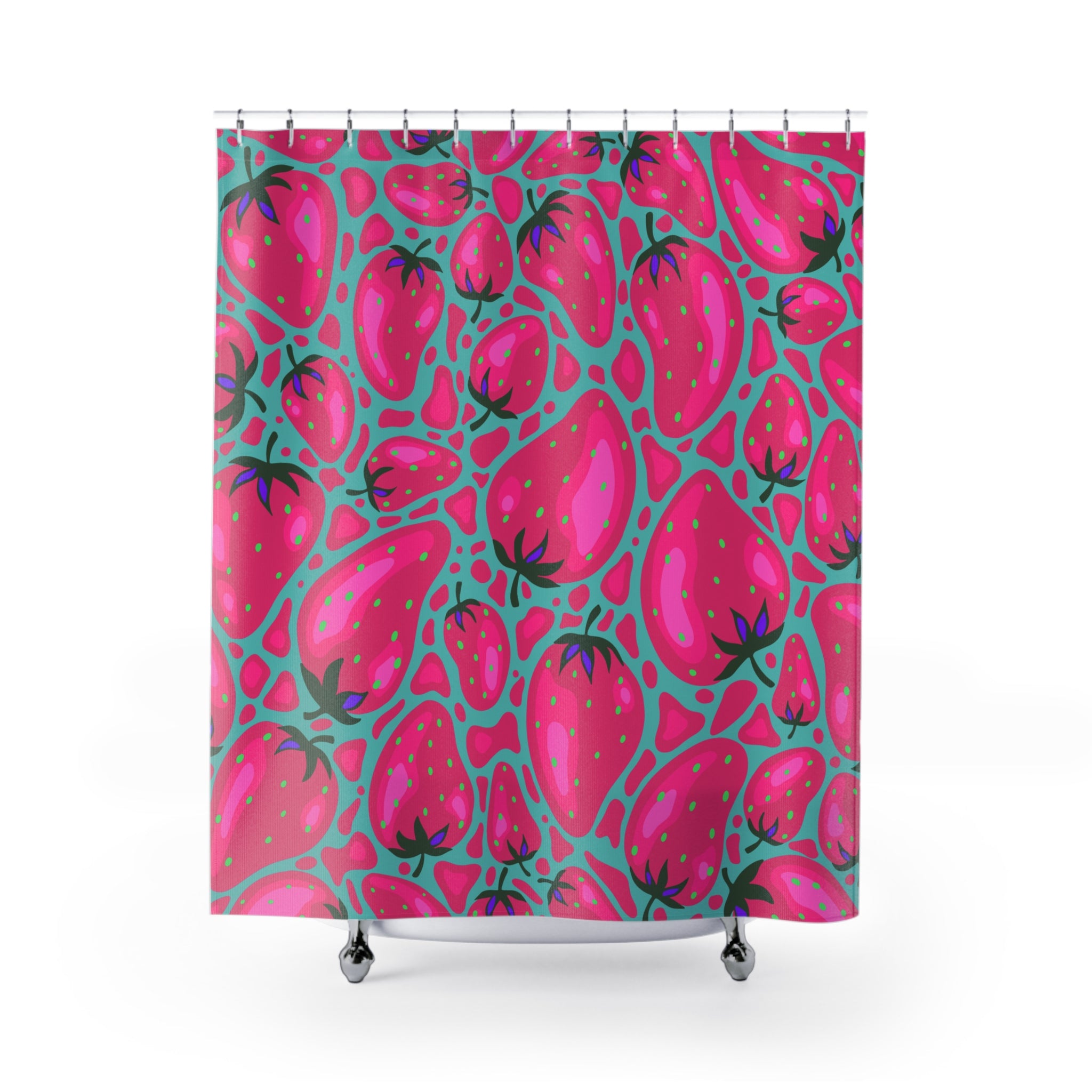 Pink & Teal Strawberry Pop Art Shower Curtain Gift: Whimsical Fruit for Vibrant Homes