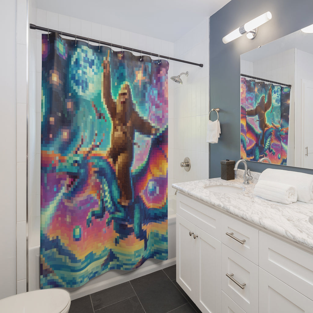 Epic Pixel Fantasy Shower Curtain Gift: Sasquatch Dragon Ride for Legend Homes