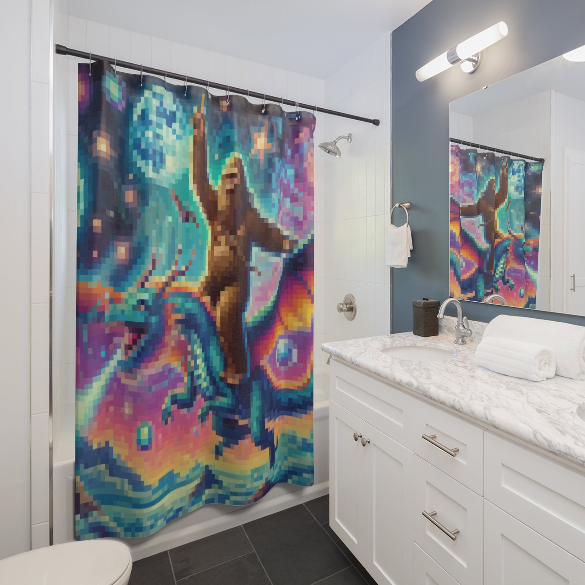 Epic Pixel Fantasy Shower Curtain Gift: Sasquatch Dragon Ride for Legend Homes