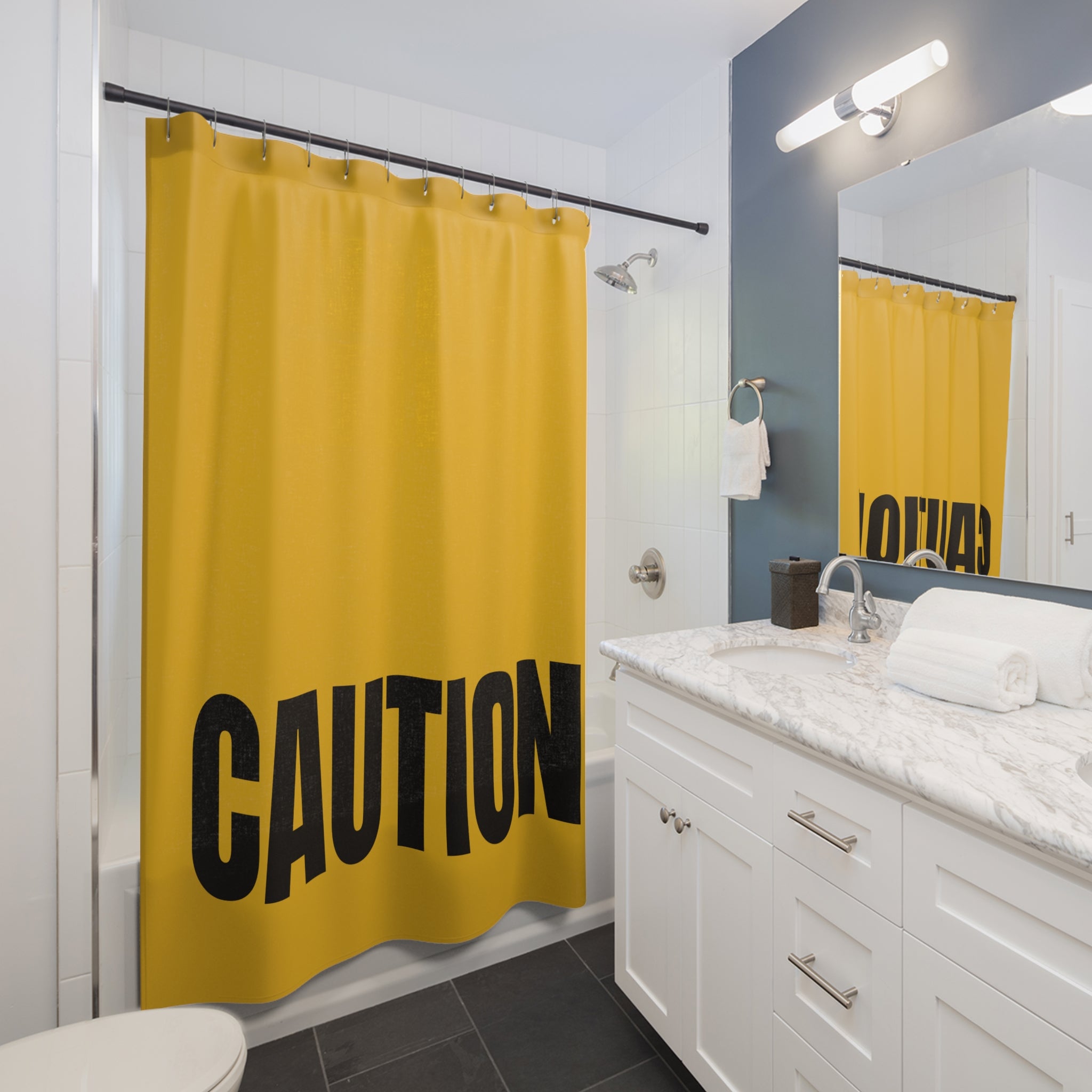 "CAUTION" Industrial Slogan Shower Curtain Gift: Bold Warning for Modern Homes