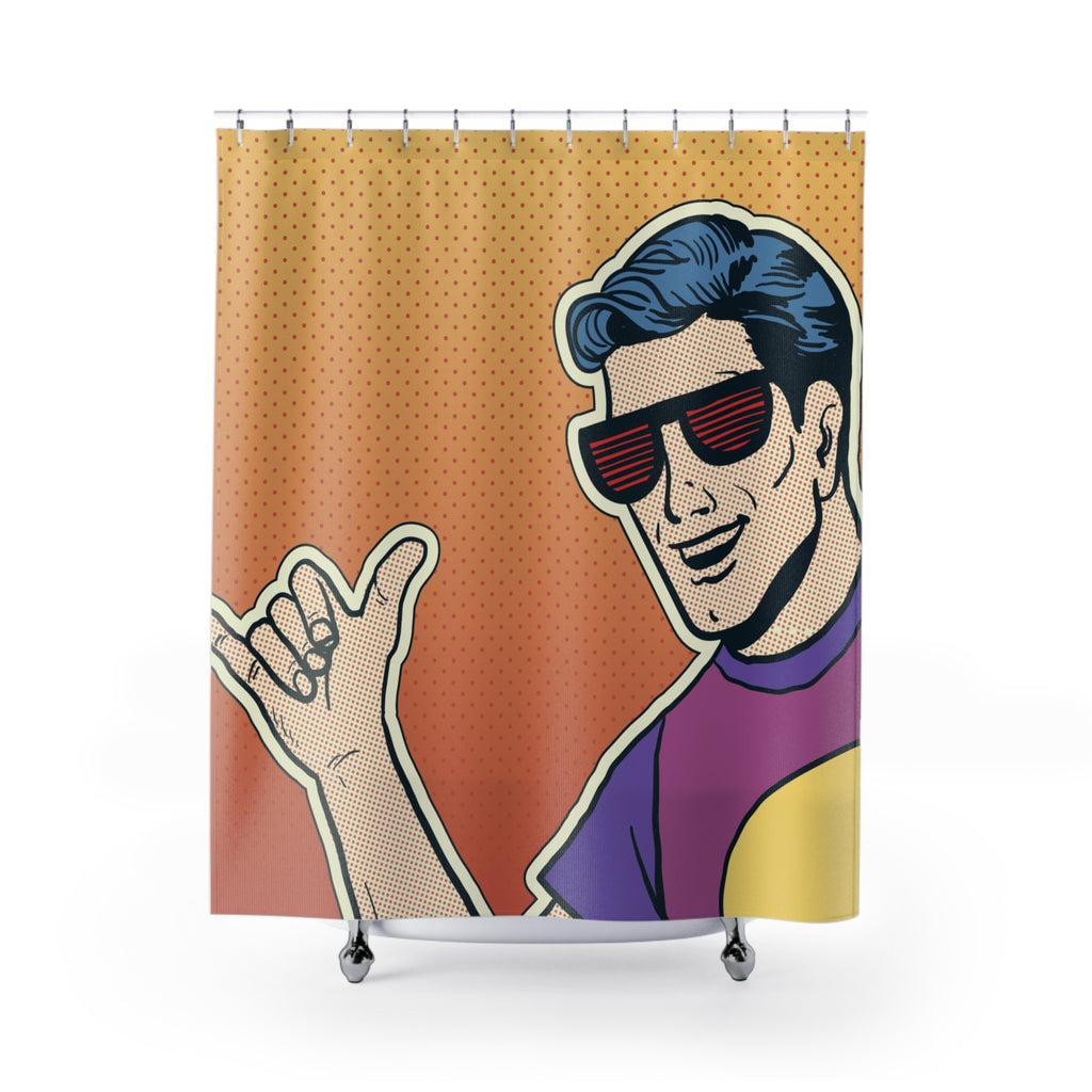 Pop Art "Shaka" Cool Guy Shower Curtain Gift: Retro Surf Vibes for Fun Homes