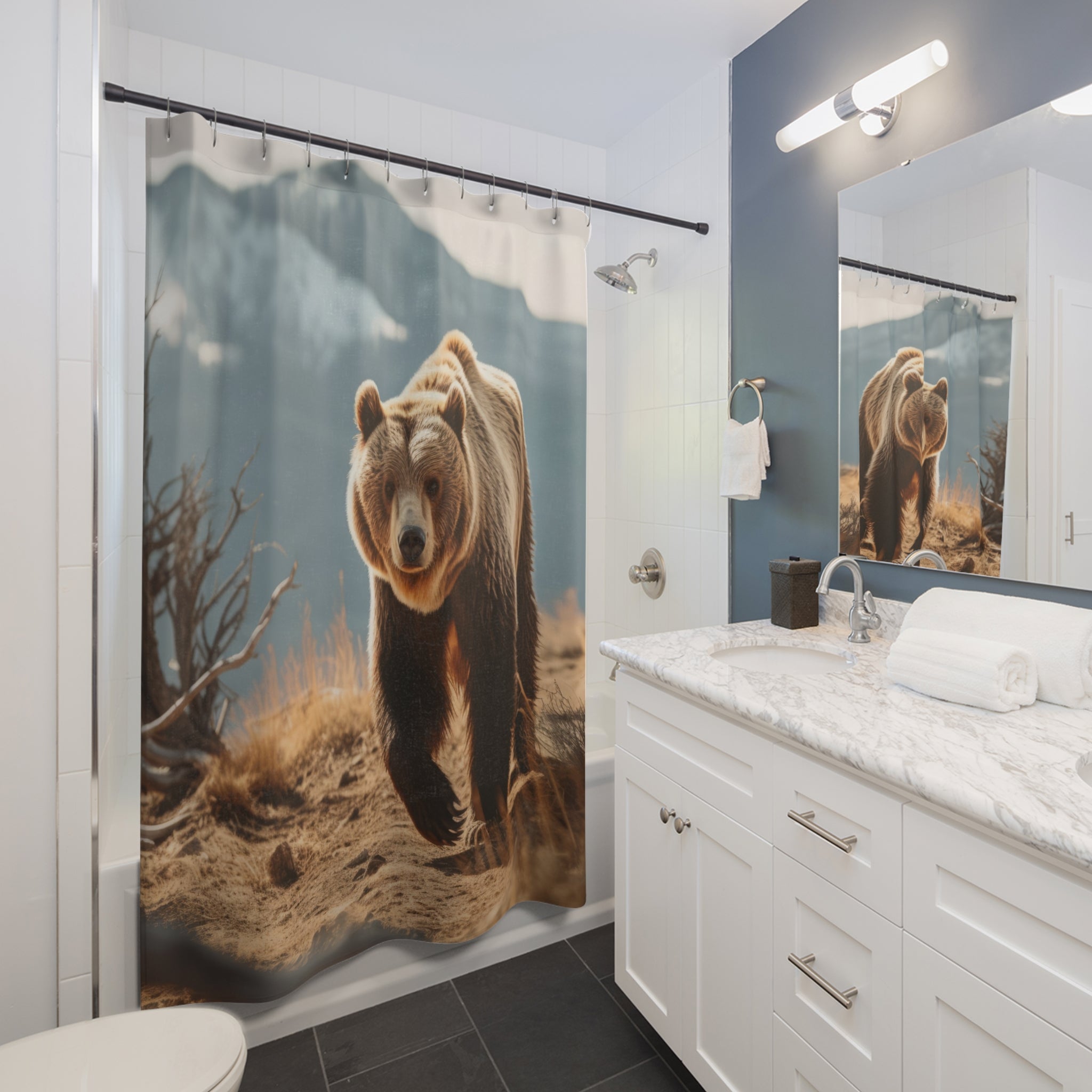 Photorealistic Grizzly Bear Shower Curtain Gift: Rugged Drama for Wilderness Homes