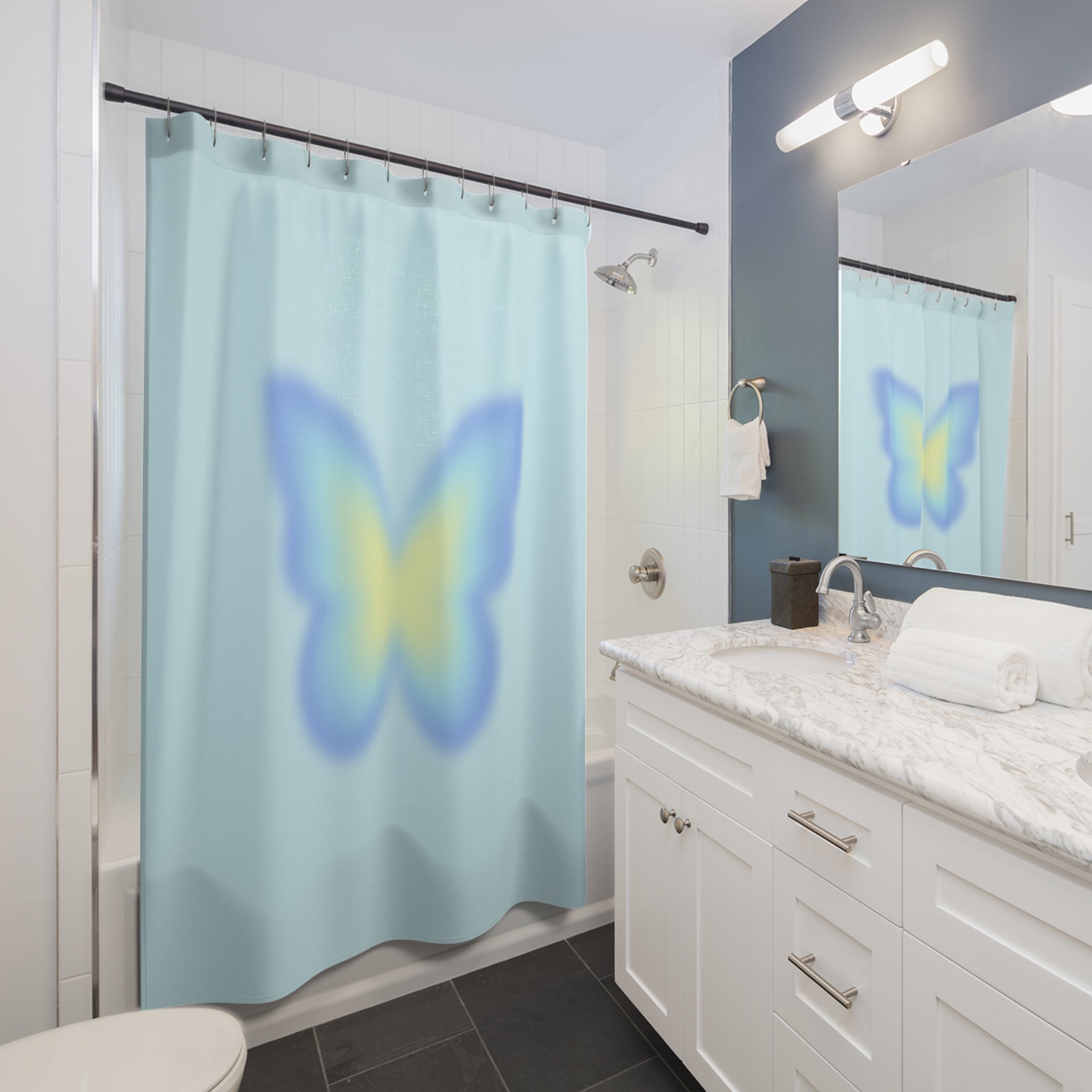 Blue & Yellow Aura Butterfly Shower Curtain Gift: Serene Hues for Dreamy Escapes