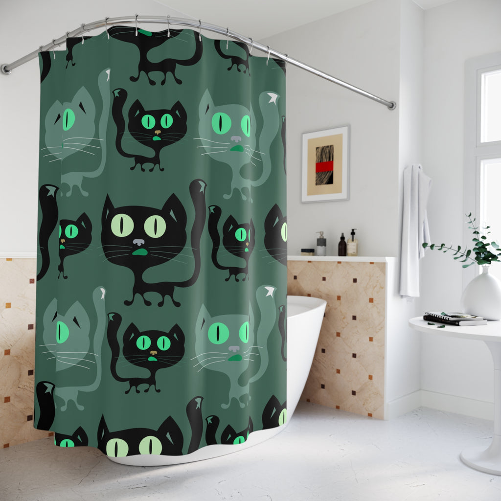 Whimsical Black Cat Pattern Green Shower Curtain Gift: Cozy Feline Charm for Pet Lovers
