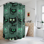 Whimsical Black Cat Pattern Green Shower Curtain Gift: Cozy Feline Charm for Pet Lovers