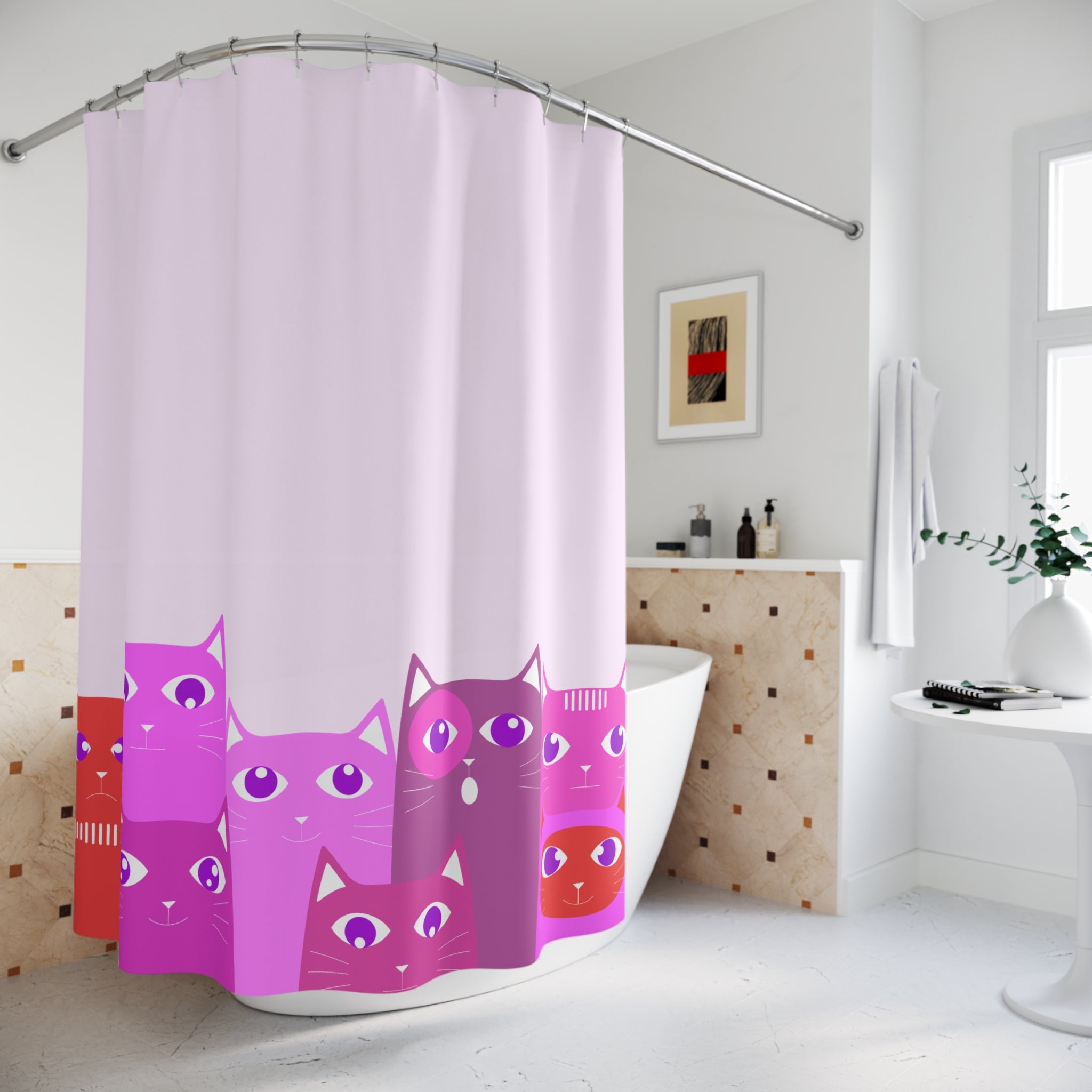Vibrant Lilac Cat Parade Shower Curtain Gift: Playful Feline Art for Whimsical Homes