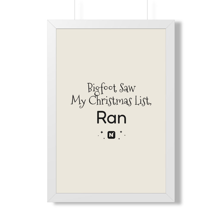 Bigfoot Christmas List Framed poster in white – original NewGiftDay design