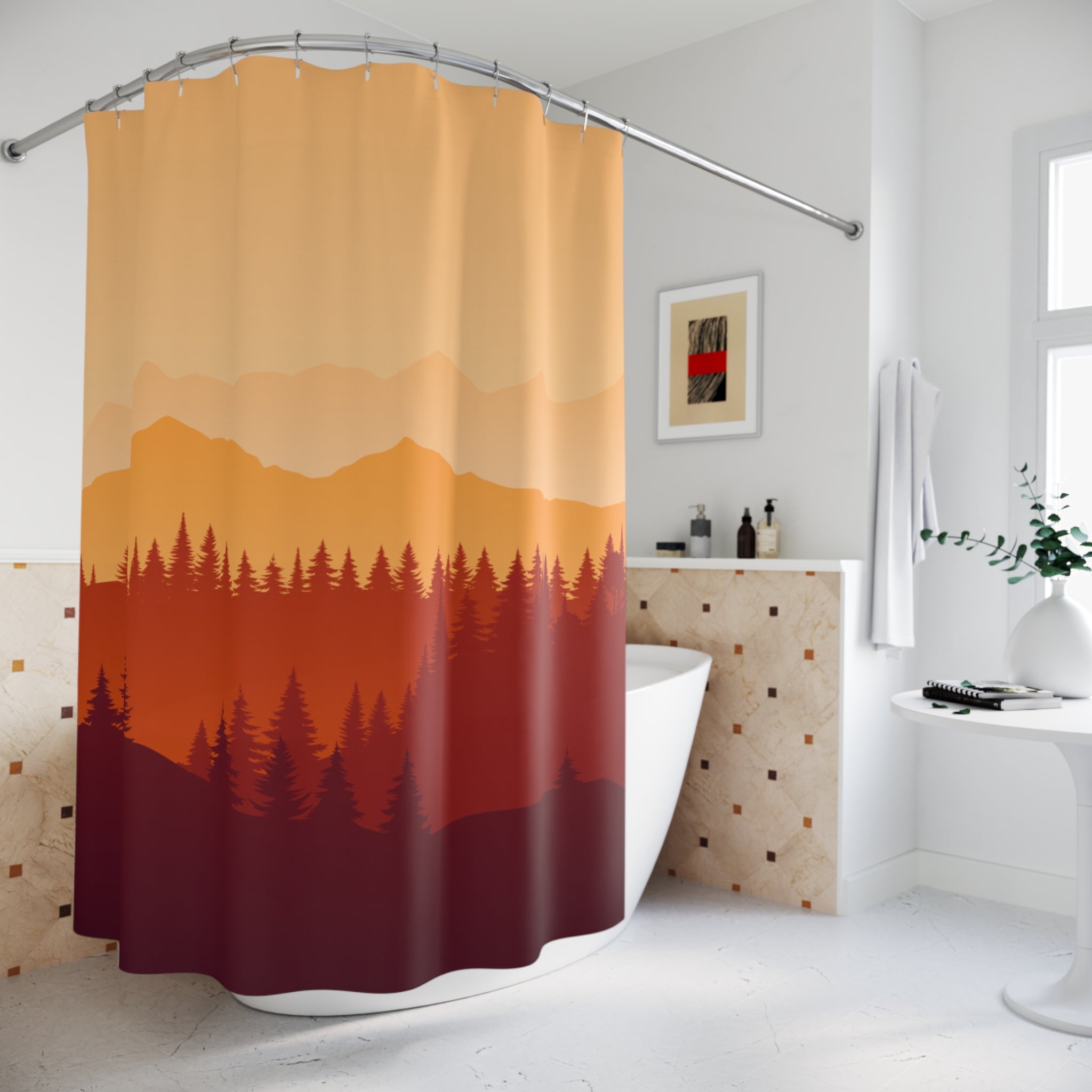Minimalist Autumn Mountain Forest Shower Curtain Gift: Serene Fall for Tranquil Homes