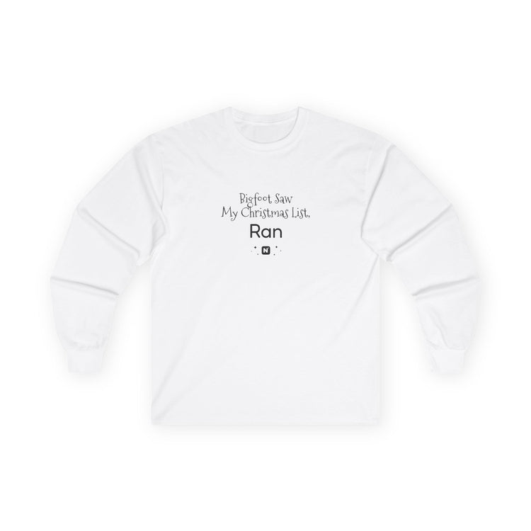 Bigfoot Christmas List long sleeve tee in white – original NewGiftDay design