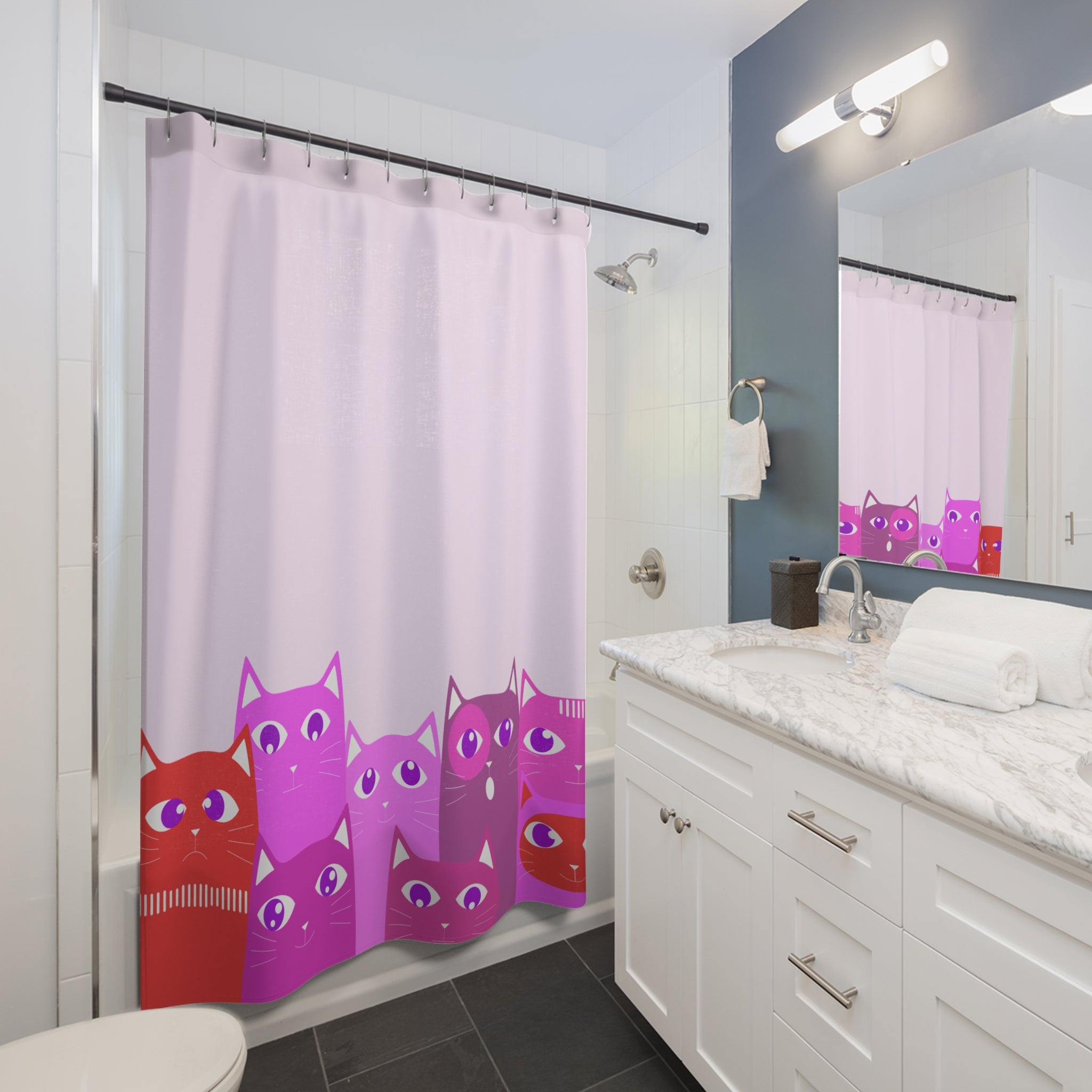 Vibrant Lilac Cat Parade Shower Curtain Gift: Playful Feline Art for Whimsical Homes