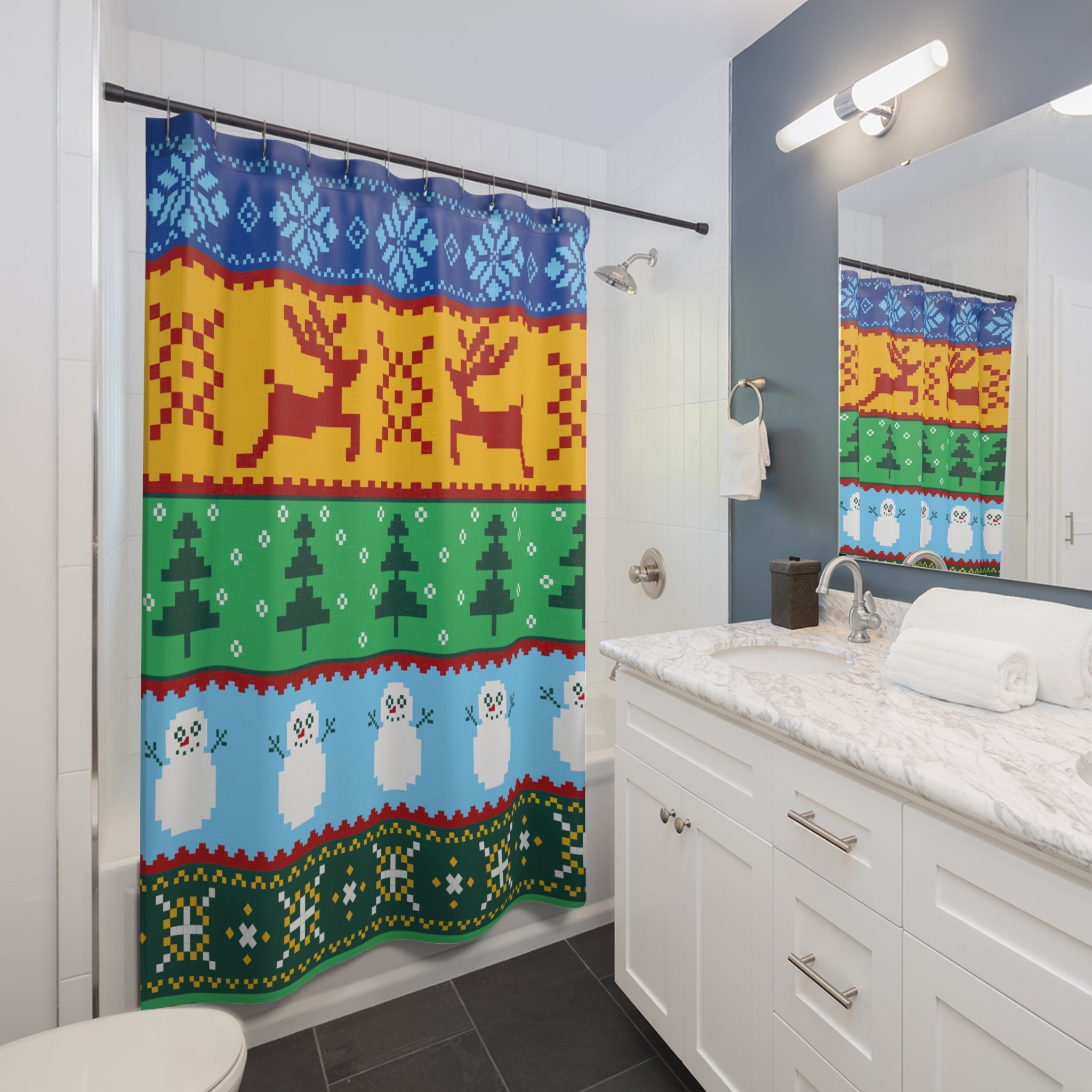 Ugly Christmas Sweater Shower Curtain Gift: Pixel Festive Fun for the Holidays