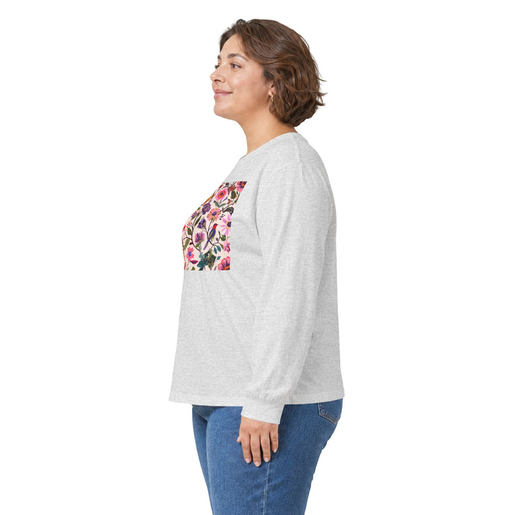 Blush Bird Garden DTG Printed for Layered Days long sleeve tee in ash – original NewGiftDay design