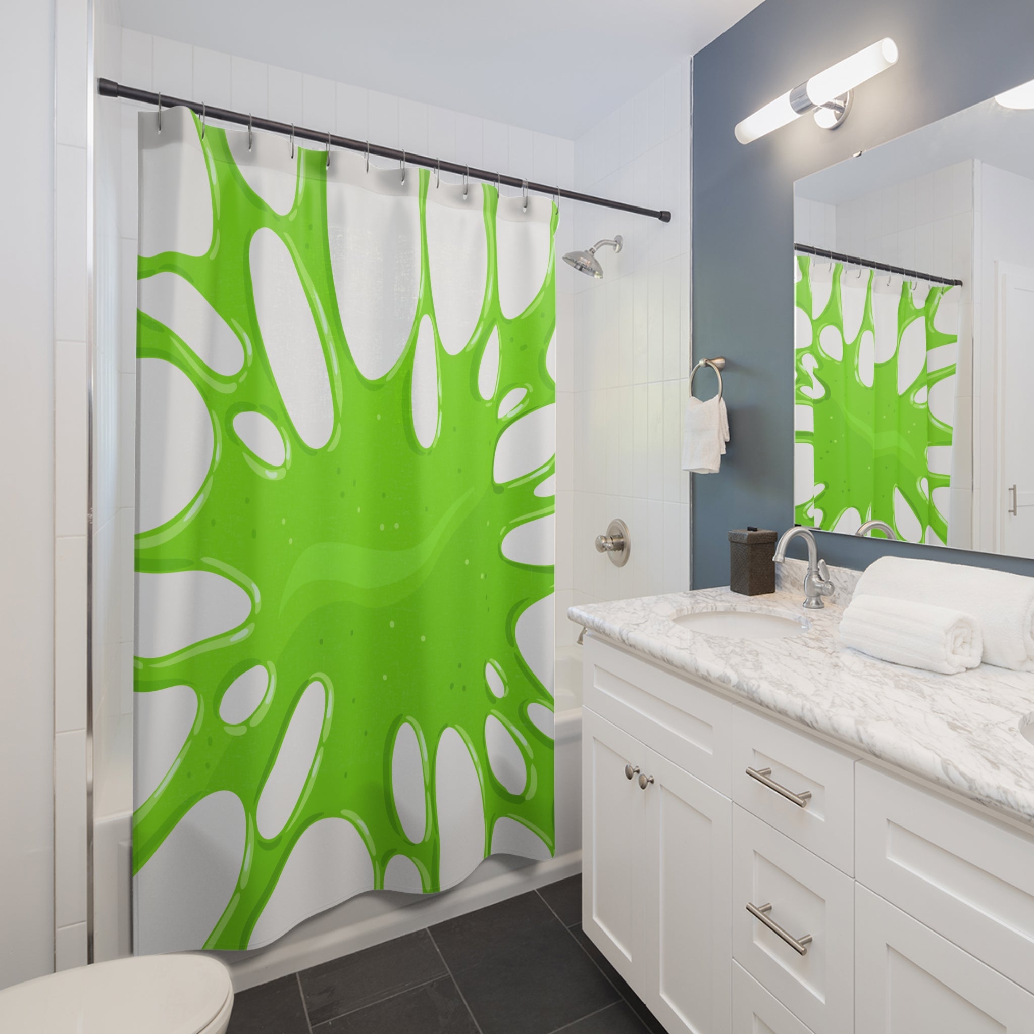 Vibrant Green Slime Splatter Shower Curtain Gift: Quirky Fun for Playful Homes