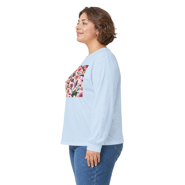 Blush Bird Garden DTG Printed for Layered Days long sleeve tee in light-blue – original NewGiftDay design