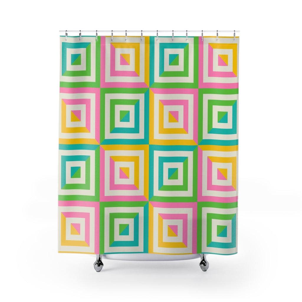 Pink, Yellow, Green & Blue Geometric Square Shower Curtain