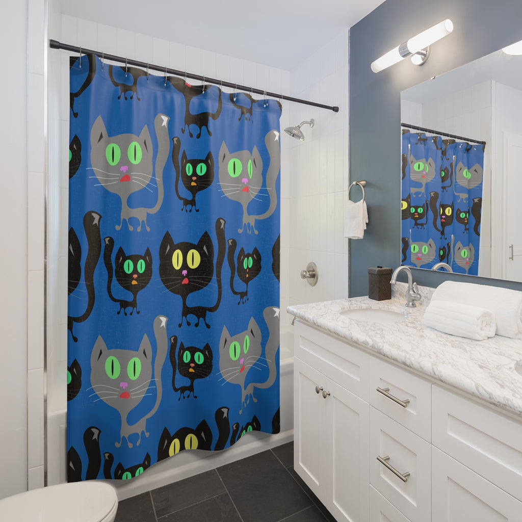 Whimsical Black Cat Blue Pattern Shower Curtain Gift: Cozy Feline Charm for Pet Lovers