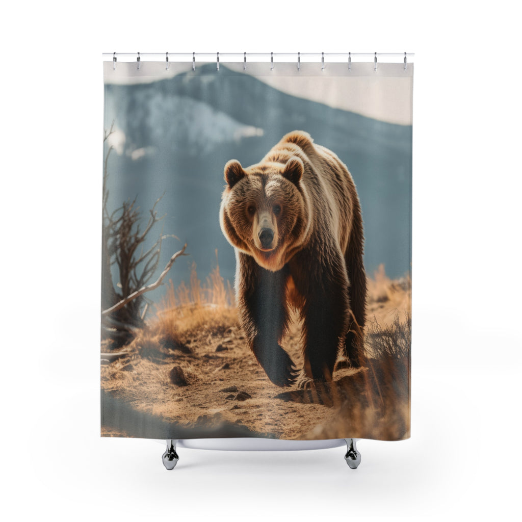 Photorealistic Grizzly Bear Shower Curtain Gift: Rugged Drama for Wilderness Homes