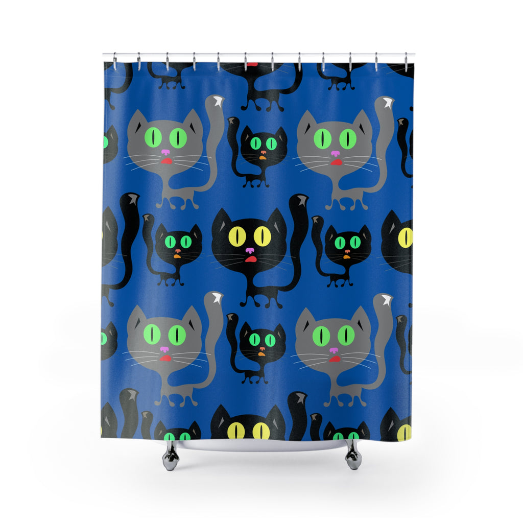 Whimsical Black Cat Blue Pattern Shower Curtain Gift: Cozy Feline Charm for Pet Lovers