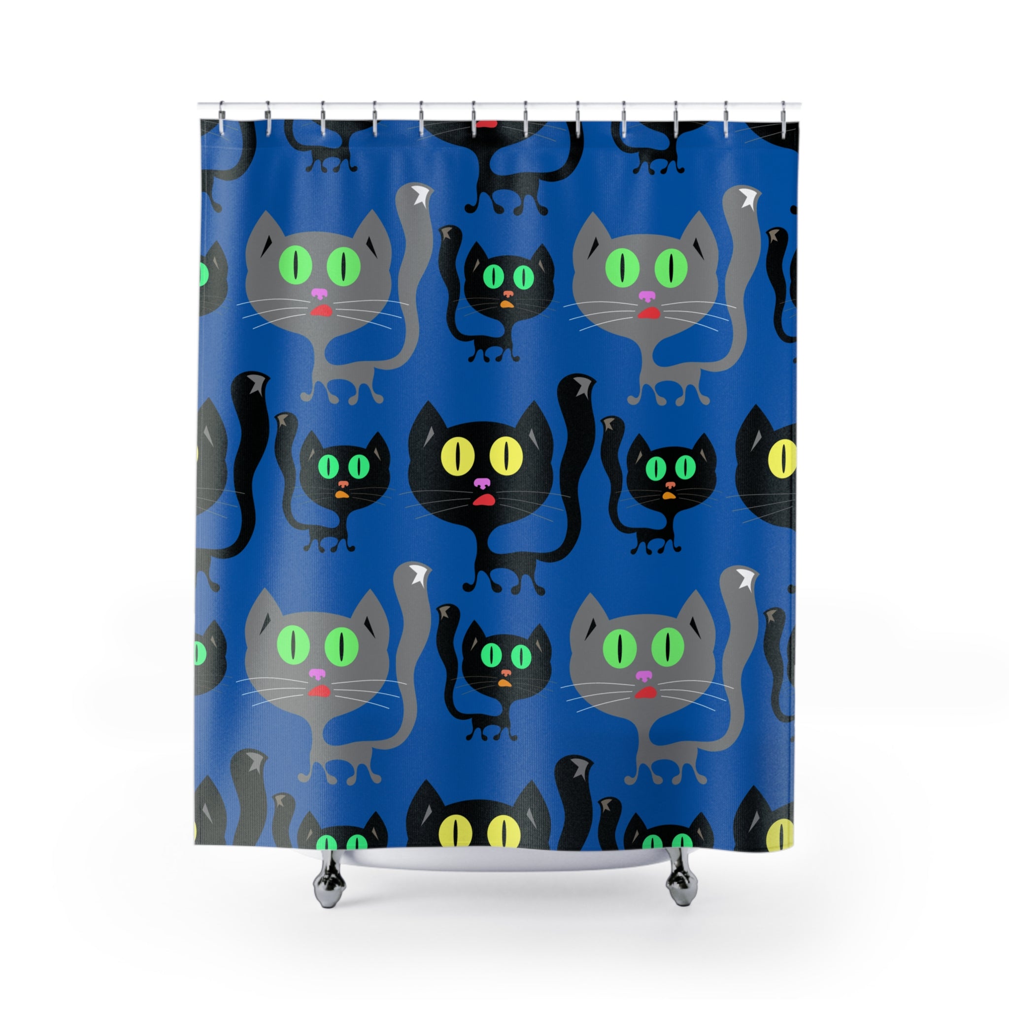 Whimsical Black Cat Blue Pattern Shower Curtain Gift: Cozy Feline Charm for Pet Lovers