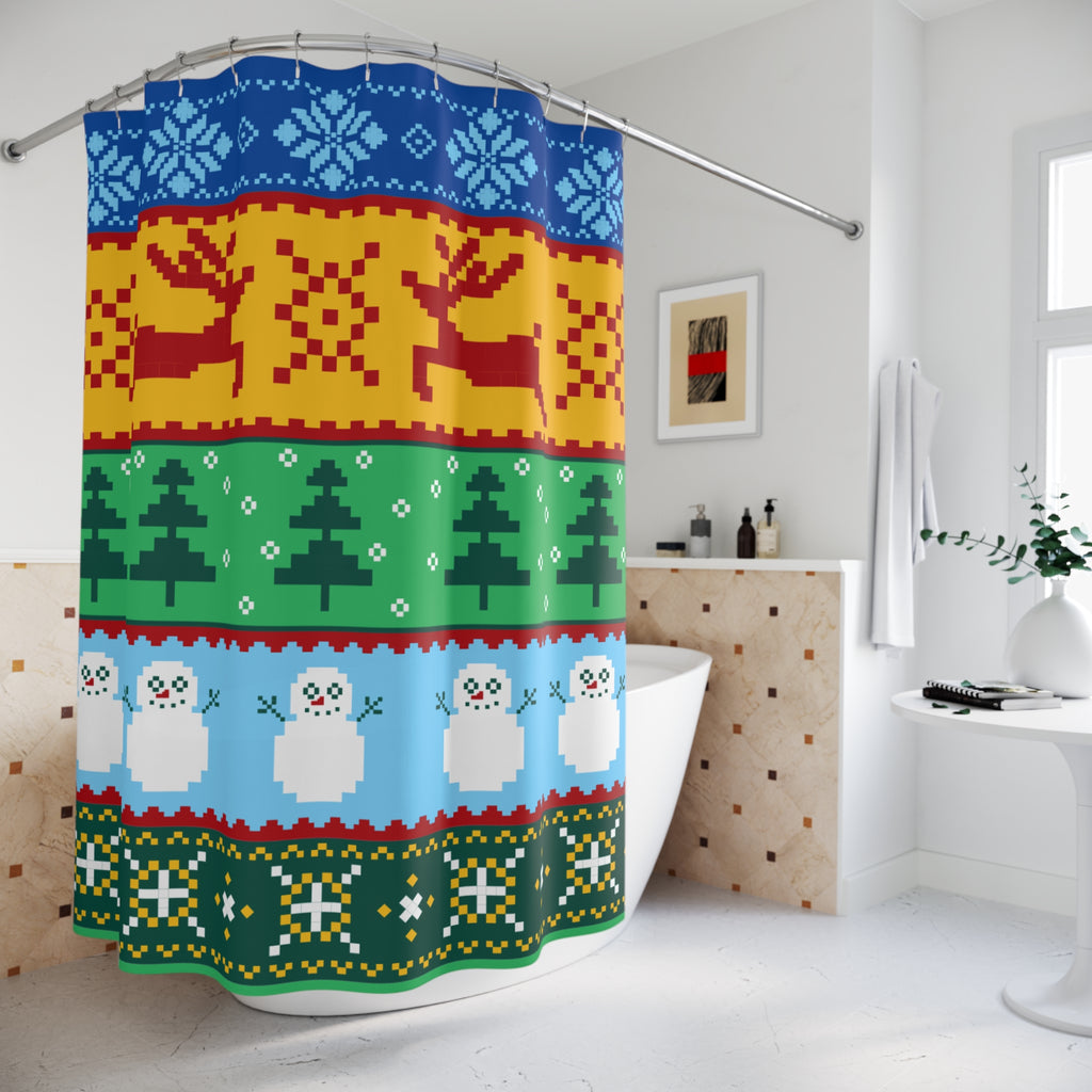 Ugly Christmas Sweater Shower Curtain Gift: Pixel Festive Fun for the Holidays