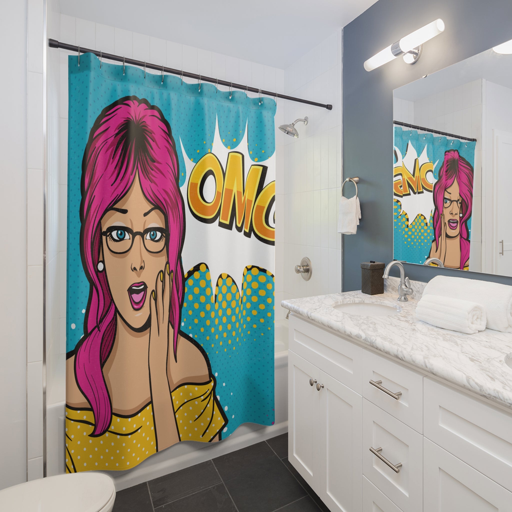 Pop Art "OMG" Surprised Woman Shower Curtain Gift: Comic Book Chic for Expressive Homes