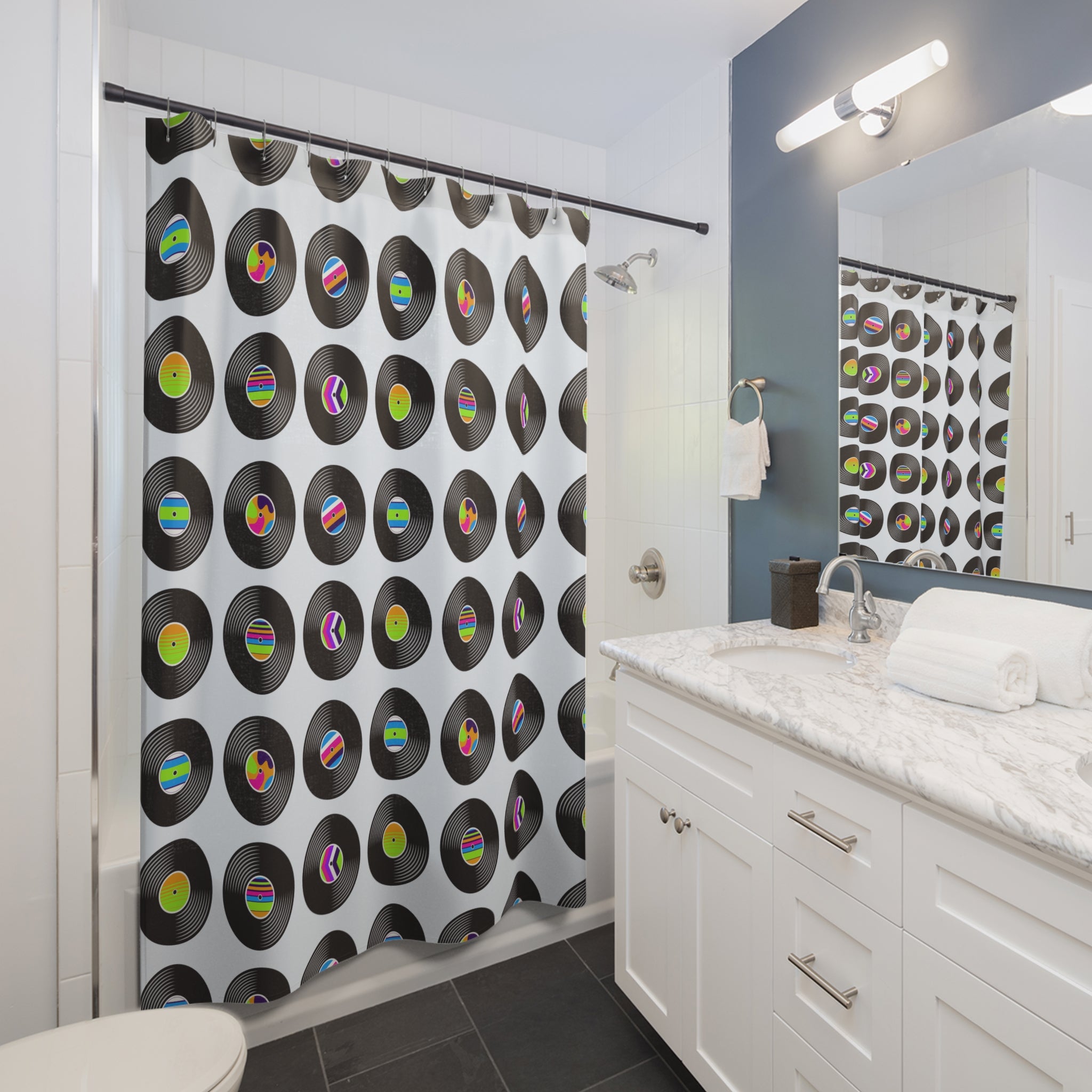 Retro Vinyl Record Pattern Shower Curtain Gift: Music Lover's Dream for Energetic Homes