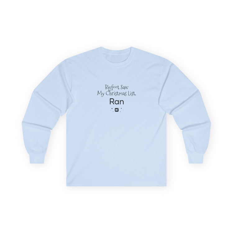 Bigfoot Christmas List long sleeve tee in light-blue – original NewGiftDay design