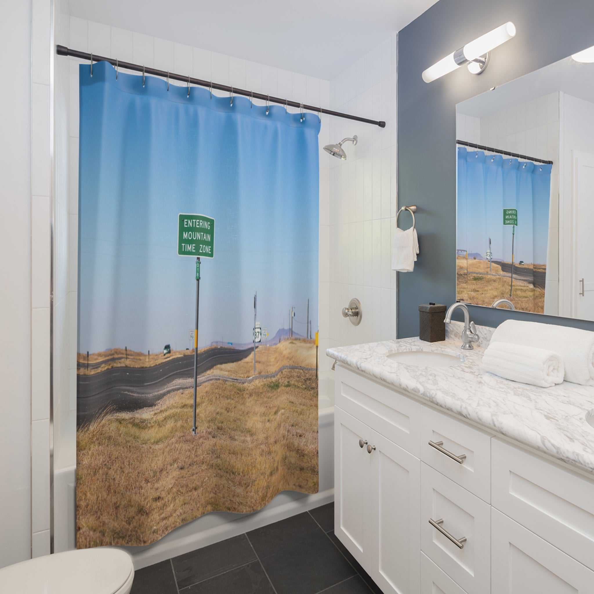 "Mountain Time Zone" Photo Art Shower Curtain Gift: Road Trip Vibe for Traveler Homes
