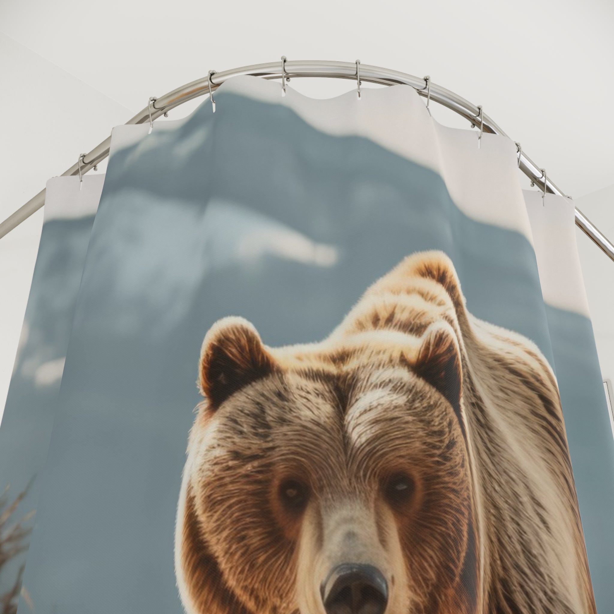 Photorealistic Grizzly Bear Shower Curtain Gift: Rugged Drama for Wilderness Homes