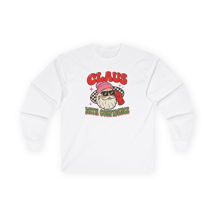 Claus With Confidence long sleeve tee in white – original NewGiftDay design