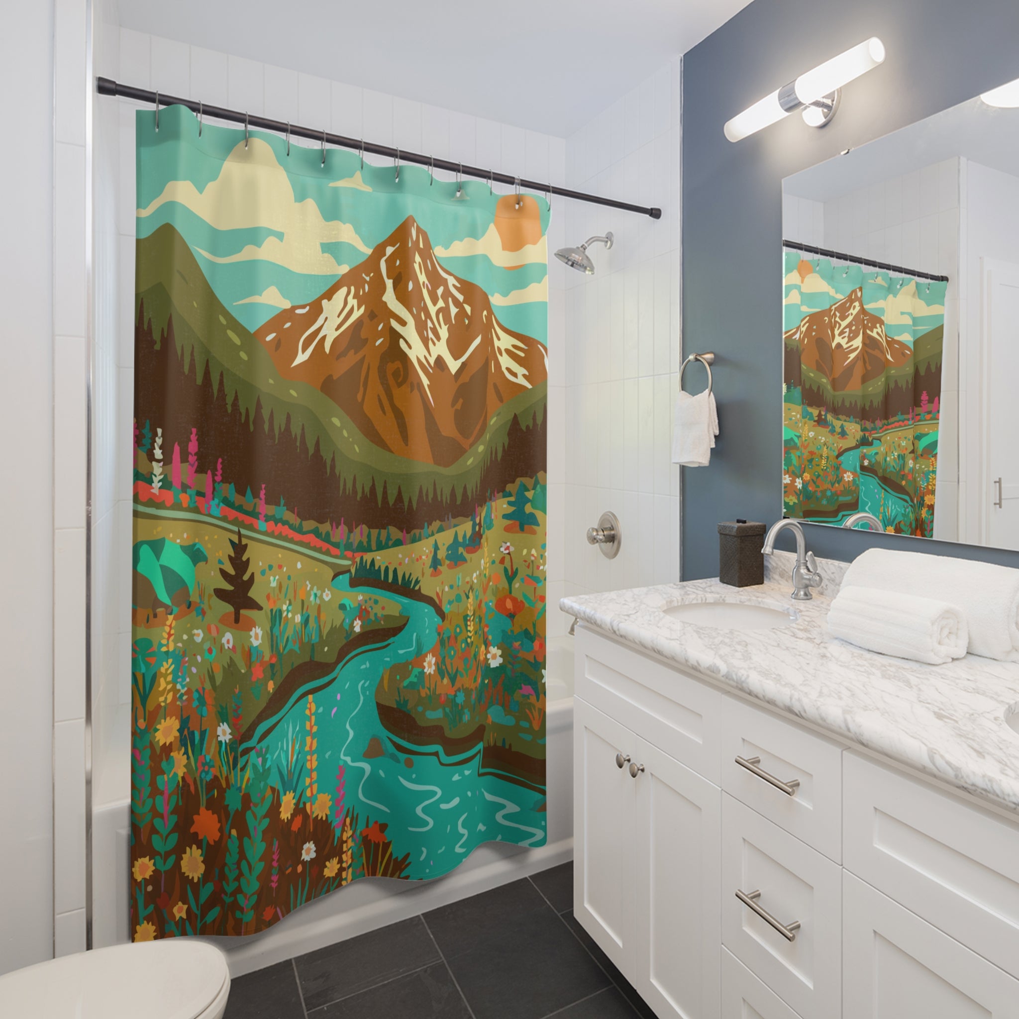 Vibrant Wildflower Mountain River Shower Curtain Gift: Serene Nature for Peaceful Homes