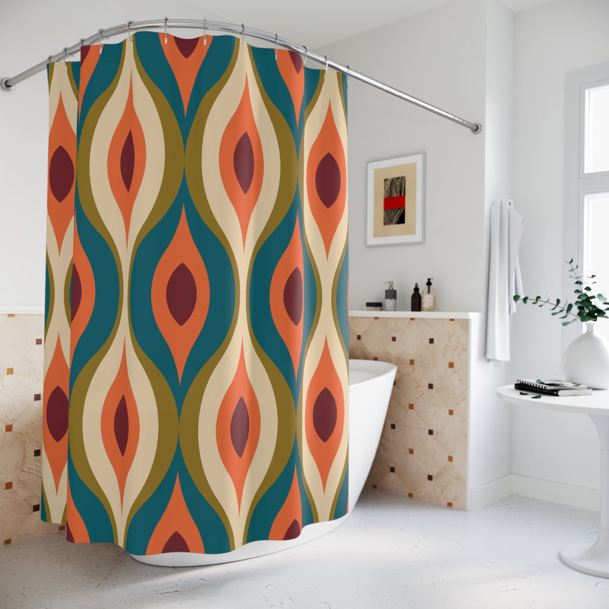 Mid-Century Ogee Pattern Shower Curtain Gift: Retro Elegance for Vintage Homes
