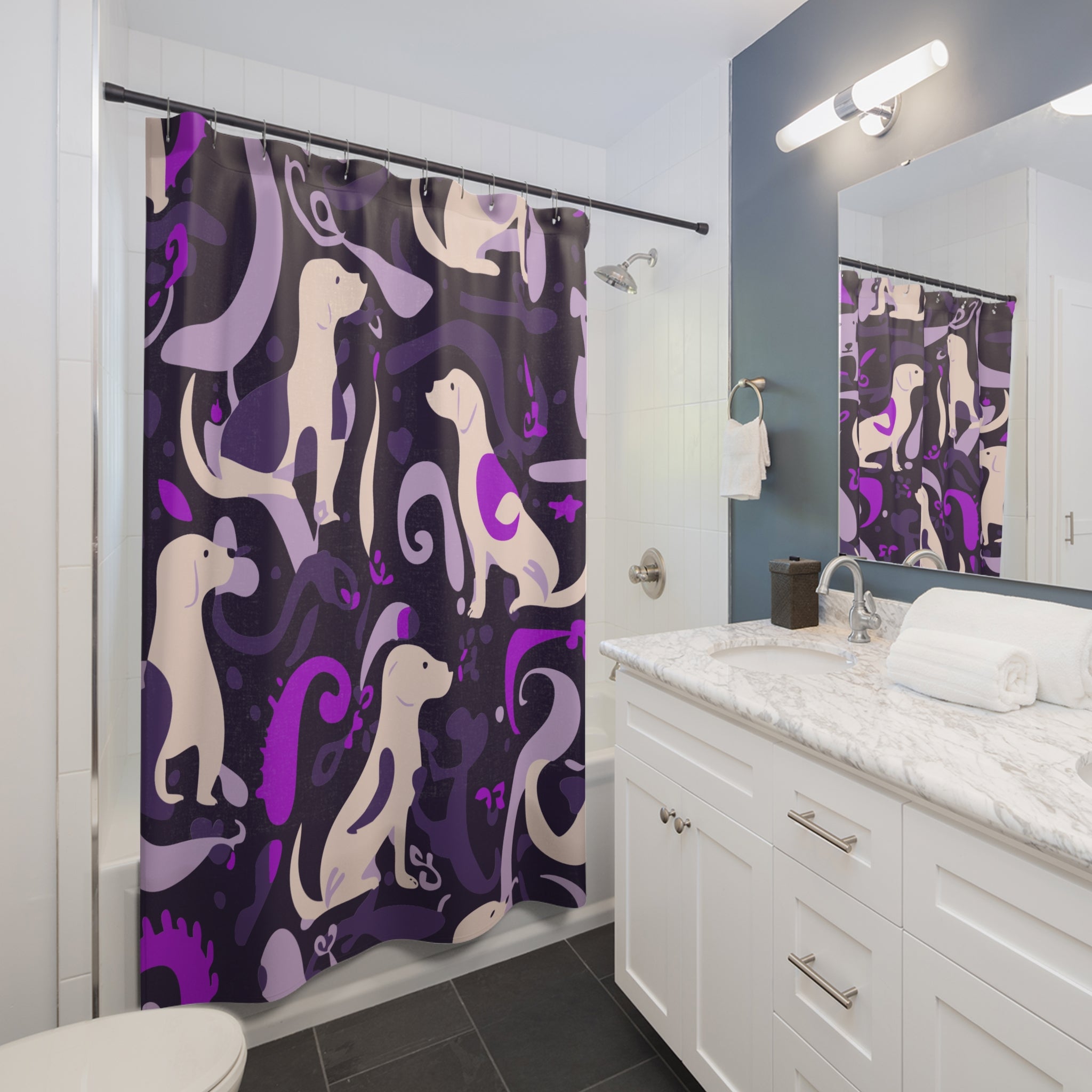 Abstract Playful Pup Purple Shower Curtain Gift: Vibrant Canine Art for Dog Lover Homes