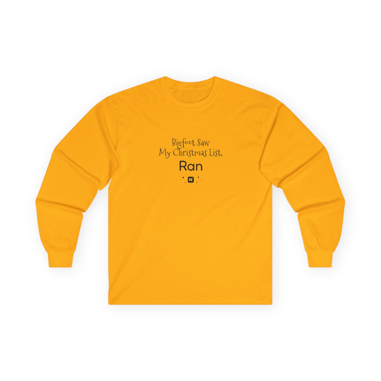 Bigfoot Christmas List long sleeve tee in gold – original NewGiftDay design