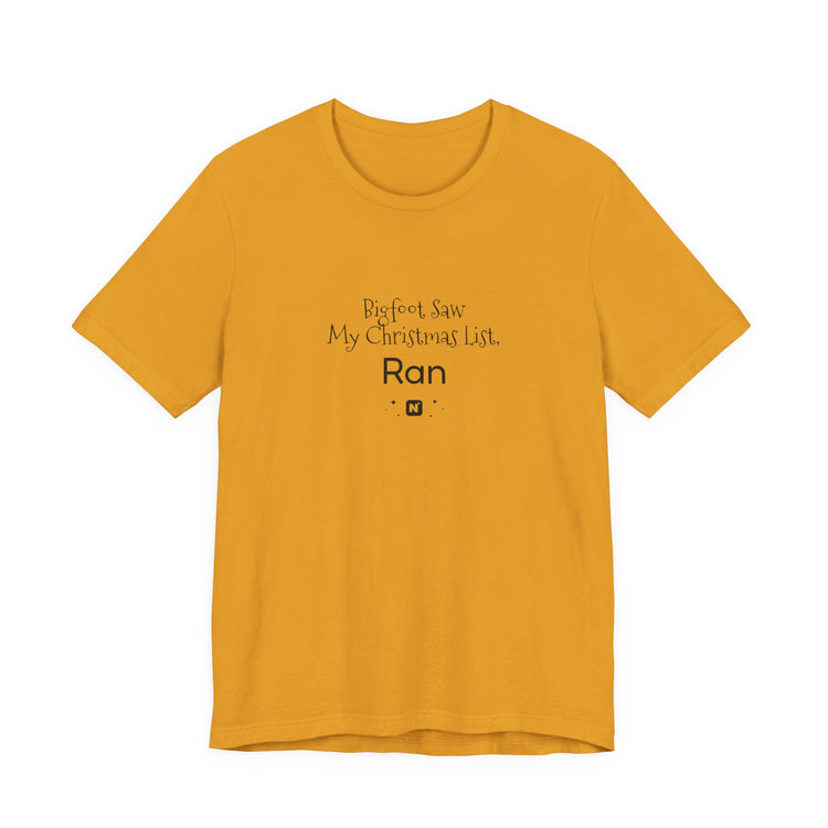 Bigfoot Christmas List T-shirt in mustard – original NewGiftDay design