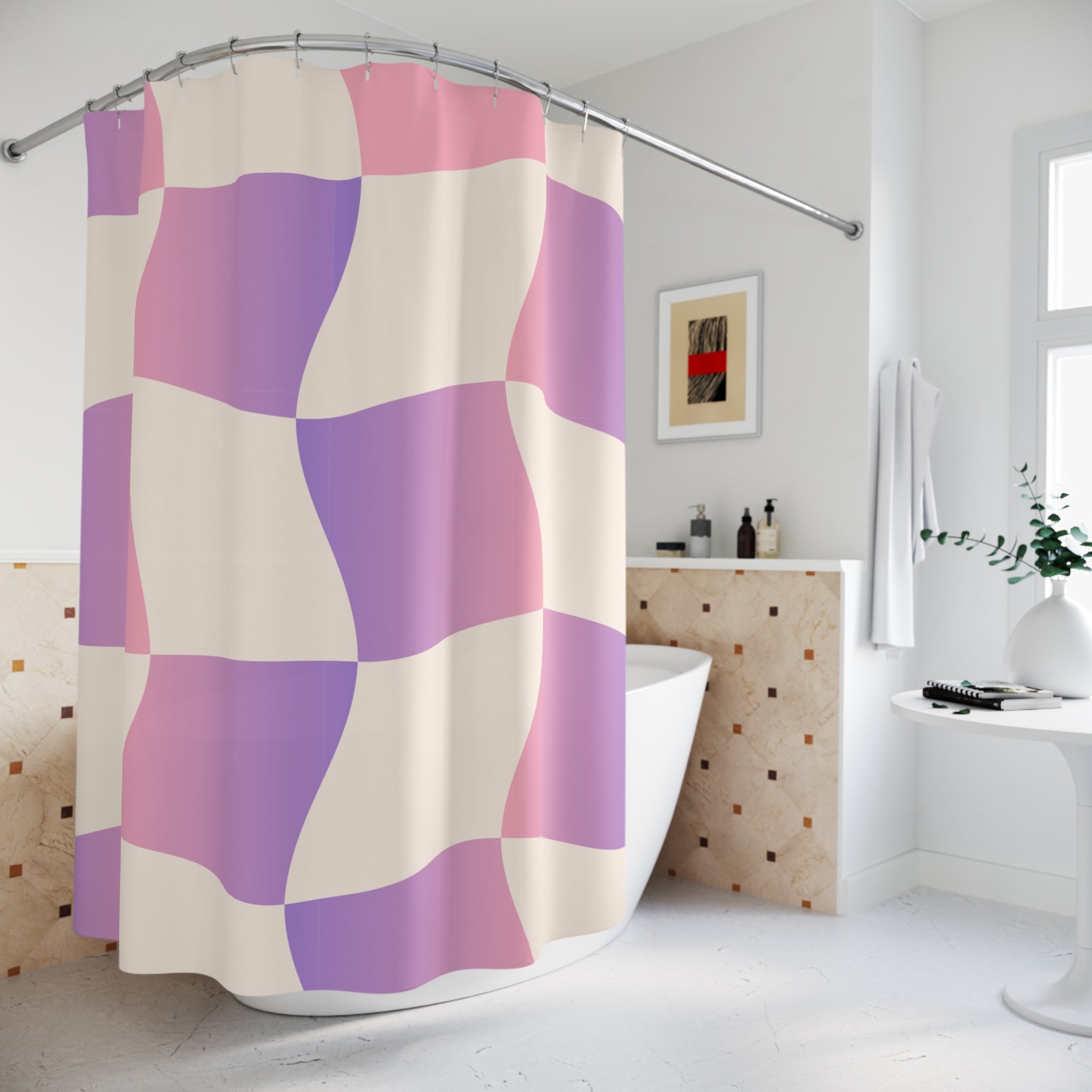 Wavy Pastel Checkerboard Shower Curtain Gift: Dreamy Retro for Serene Spaces