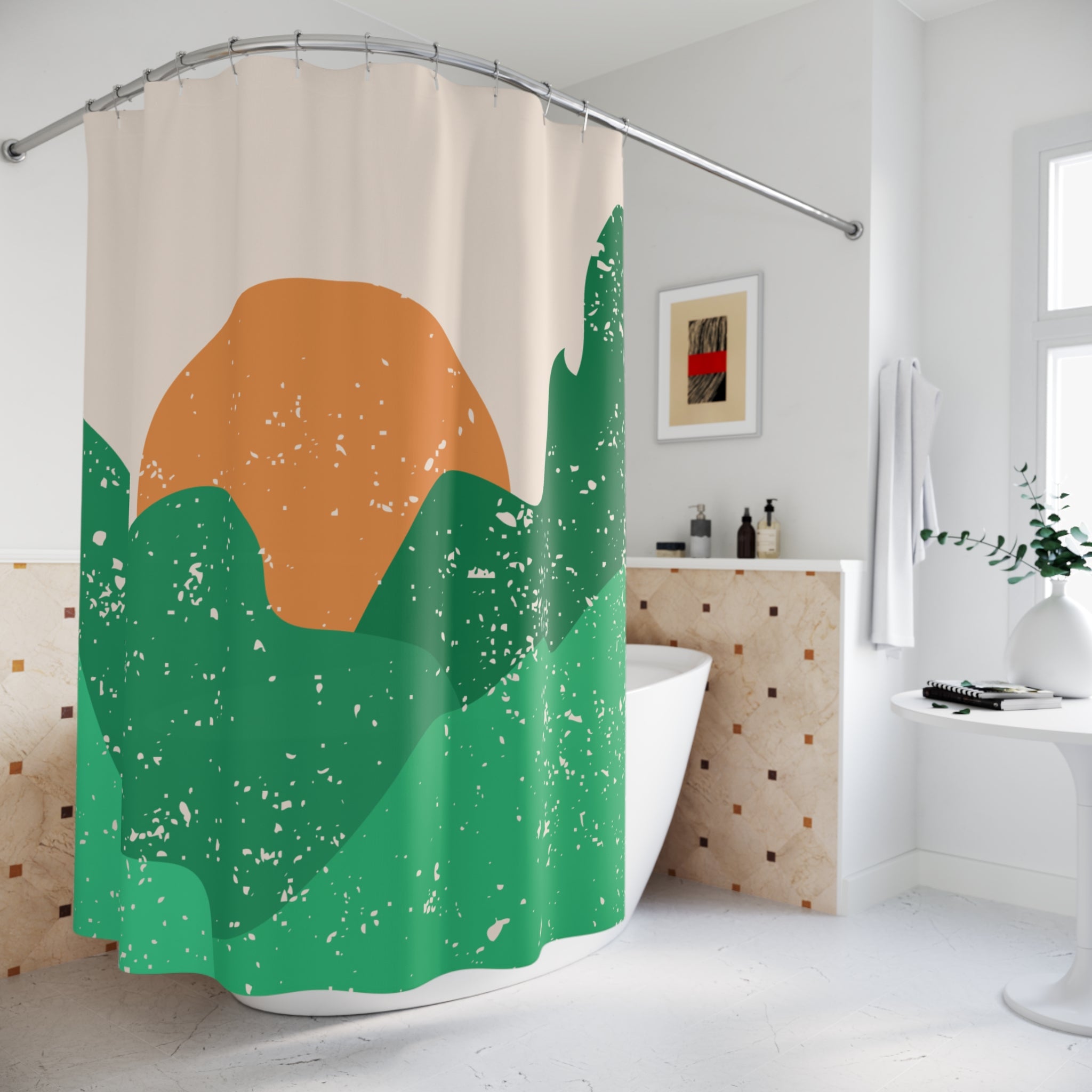 Minimalist Mountain Sunset Shower Curtain Gift: Tranquil Landscape for Modern Homes