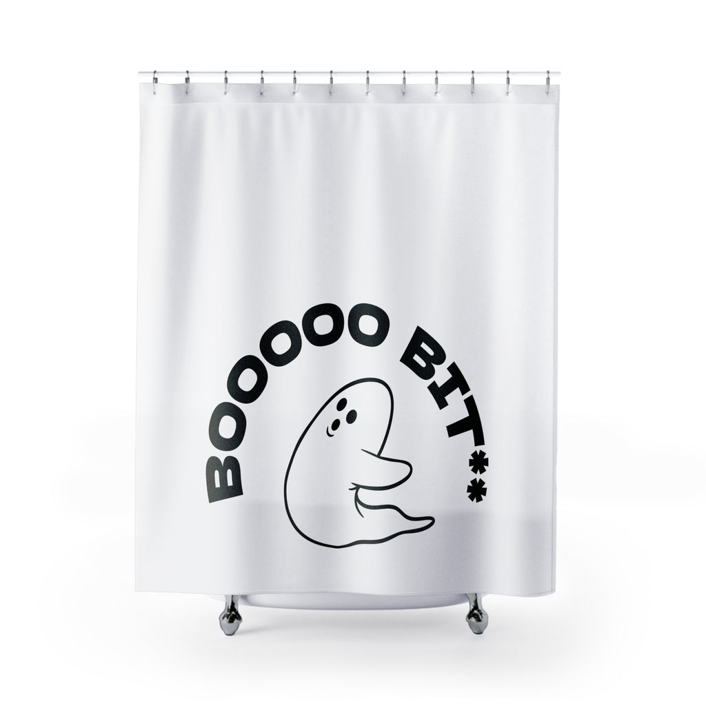 "BOOOOOO BIT**." Playful Ghost Shower Curtain Gift: Edgy Humor for Bold Homes