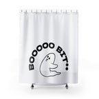 "BOOOOOO BIT**." Playful Ghost Shower Curtain Gift: Edgy Humor for Bold Homes