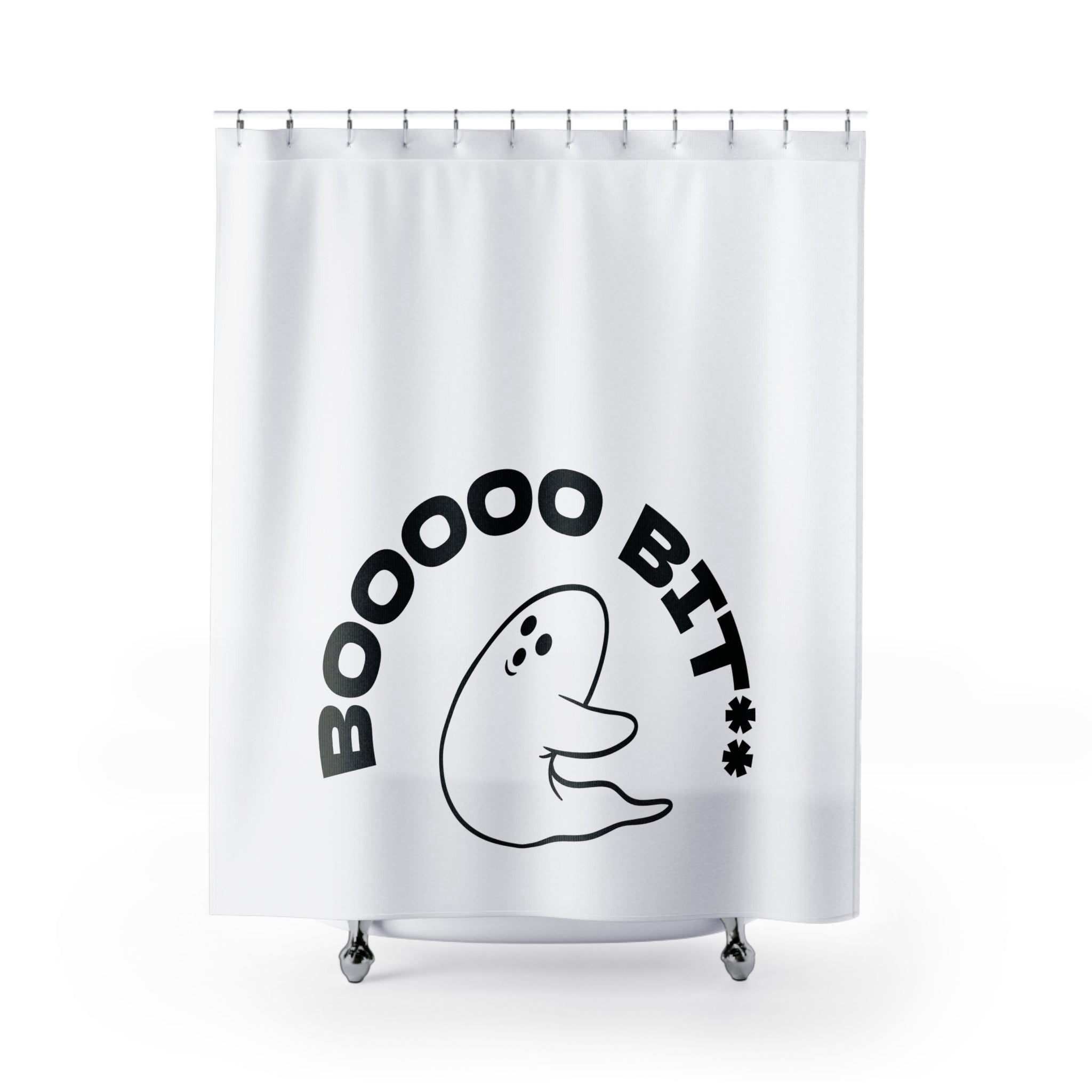 "BOOOOOO BIT**." Playful Ghost Shower Curtain Gift: Edgy Humor for Bold Homes