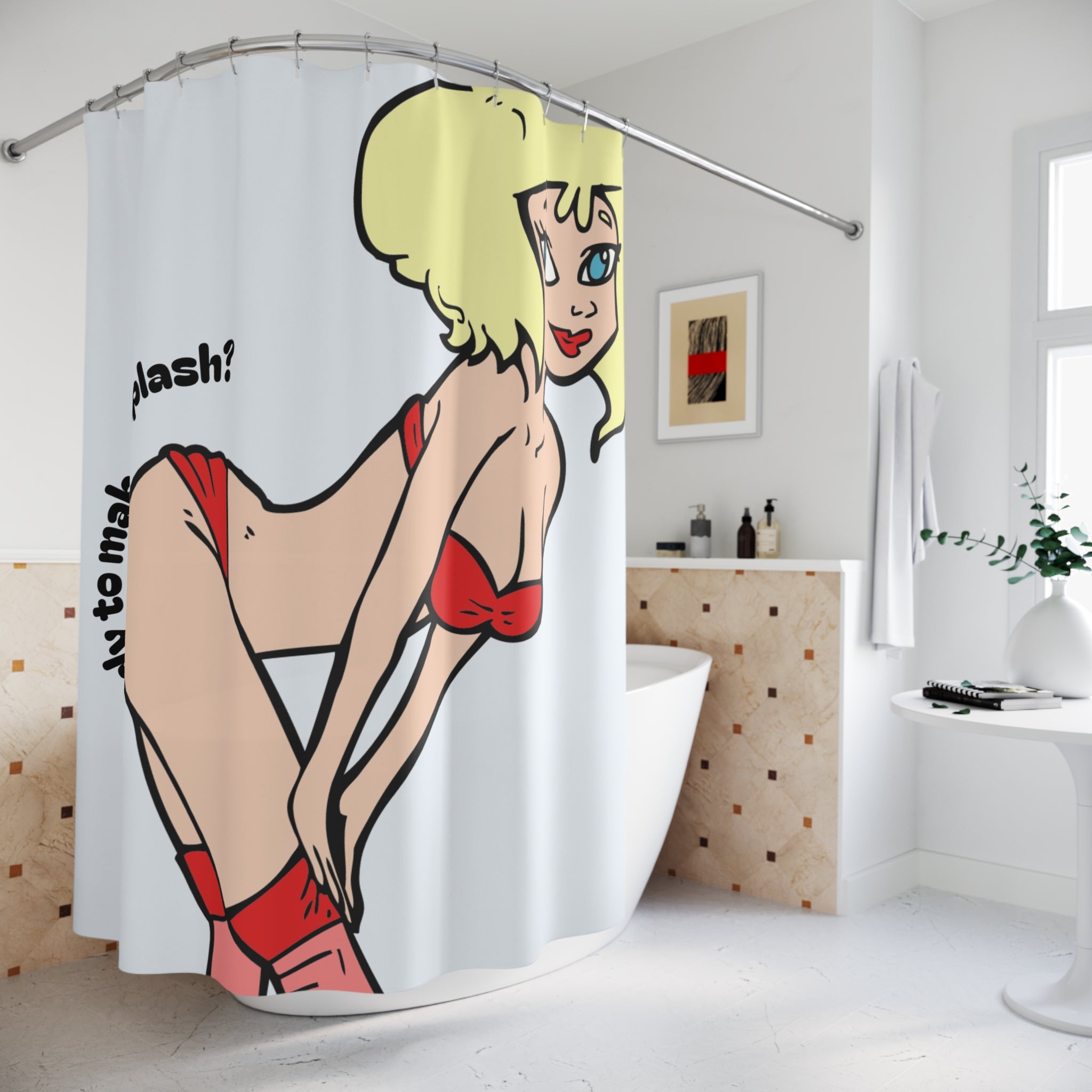 "Ready to Make a Splash?" Pin-Up Shower Curtain Gift: Edgy Humor for Bold Spaces