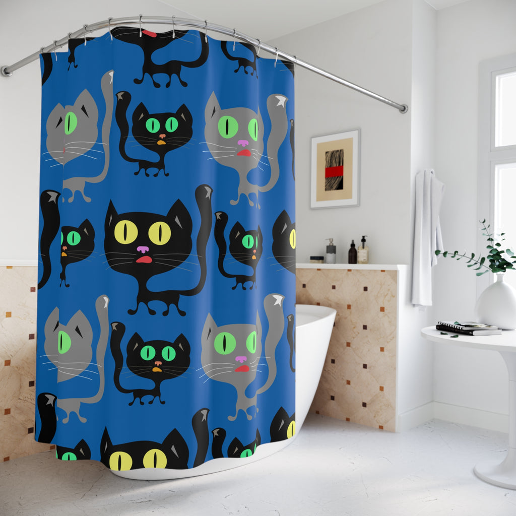 Whimsical Black Cat Blue Pattern Shower Curtain Gift: Cozy Feline Charm for Pet Lovers