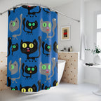 Whimsical Black Cat Blue Pattern Shower Curtain Gift: Cozy Feline Charm for Pet Lovers