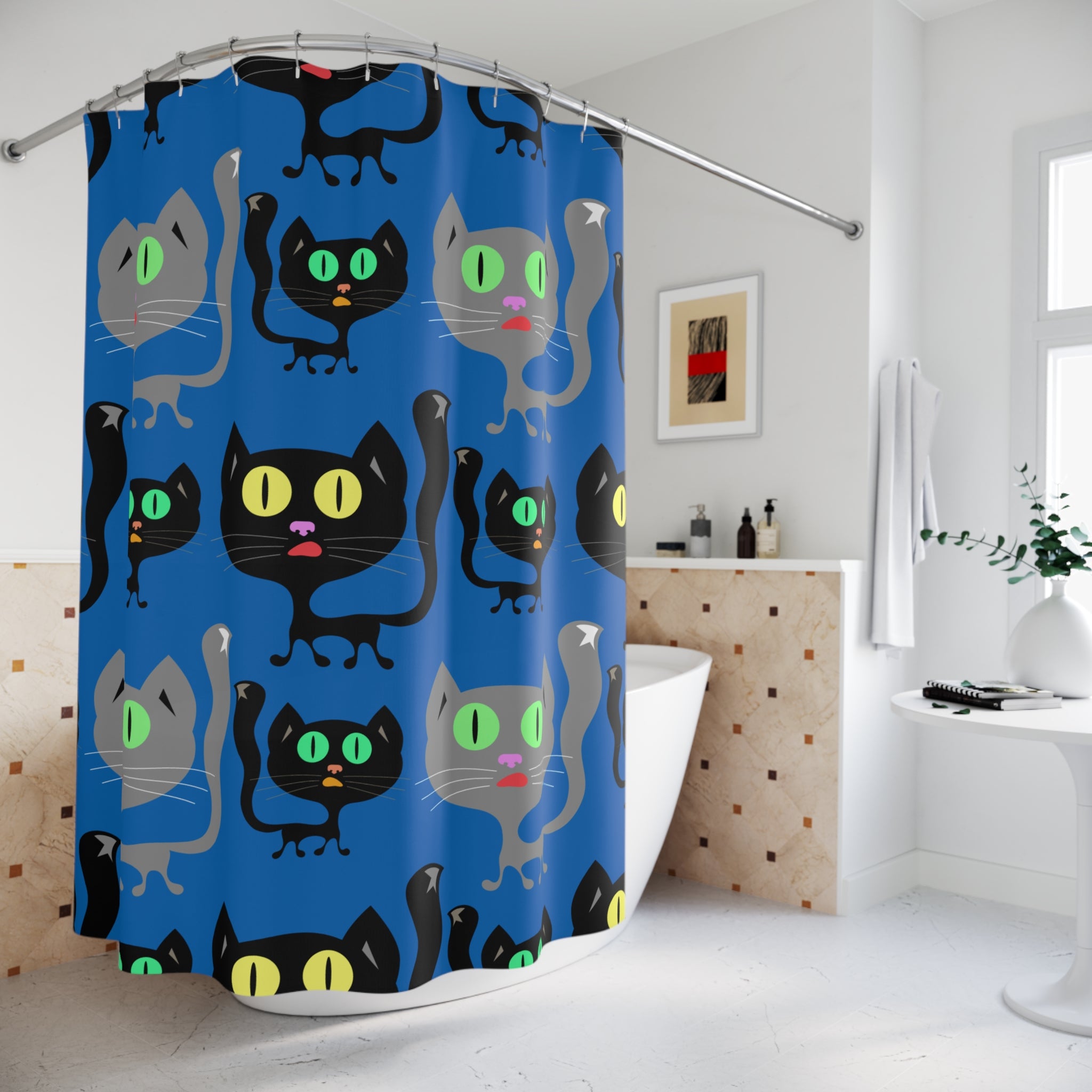 Whimsical Black Cat Blue Pattern Shower Curtain Gift: Cozy Feline Charm for Pet Lovers
