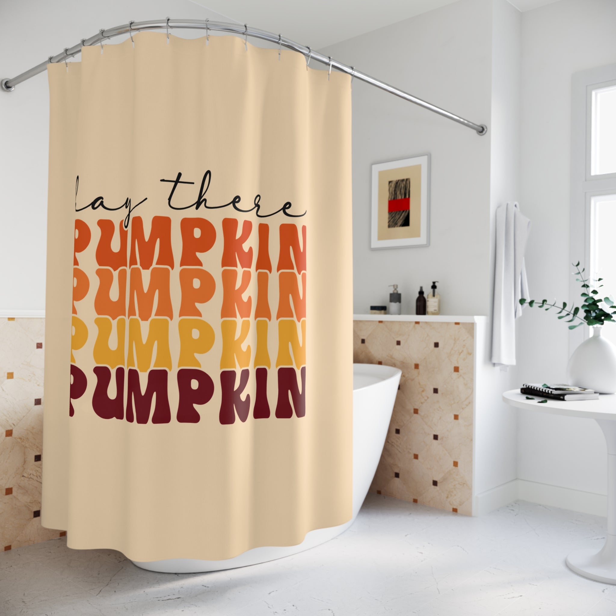 "Hey There Pumpkin" Groovy Autumn Stacked Text Shower Curtain Gift: Retro Warmth for Fall Homes