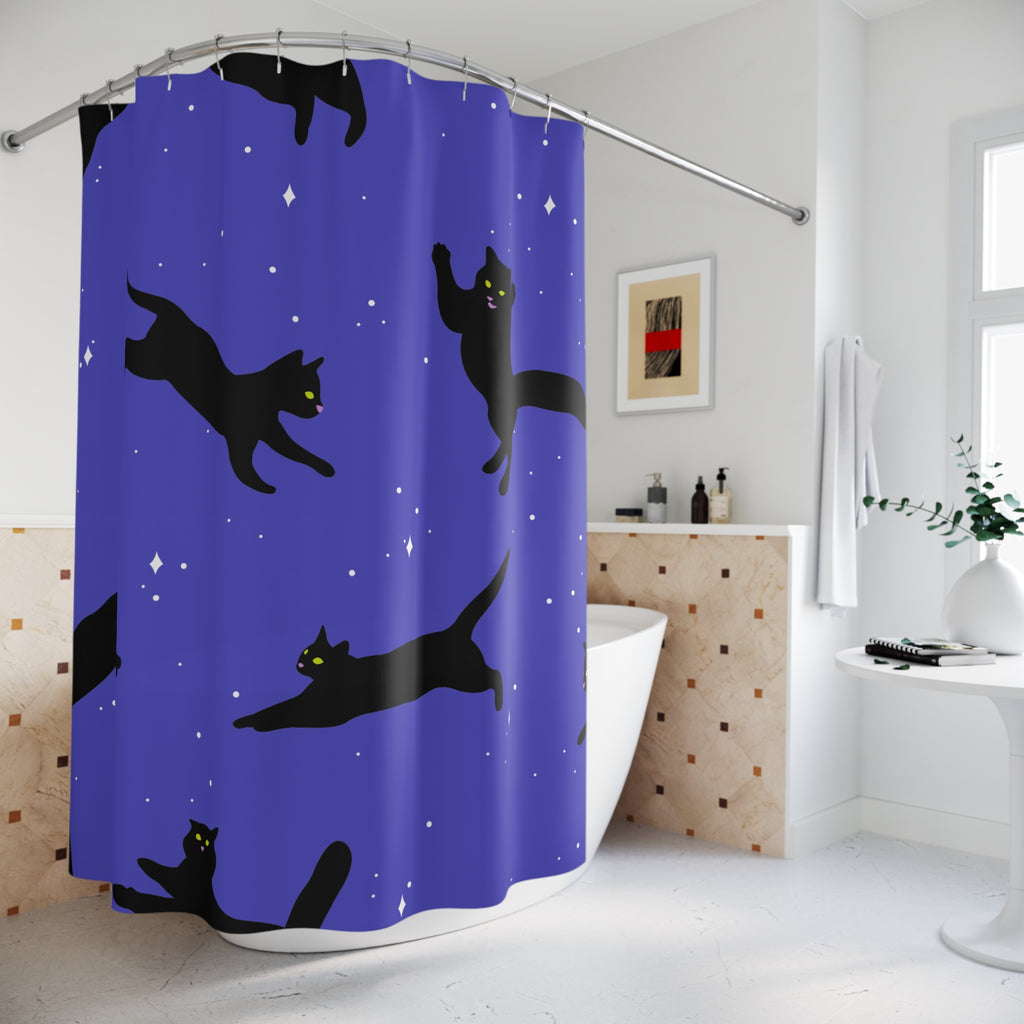 Floating Black Cats Night Sky Shower Curtain Gift: Celestial Chaos for Pet Lovers