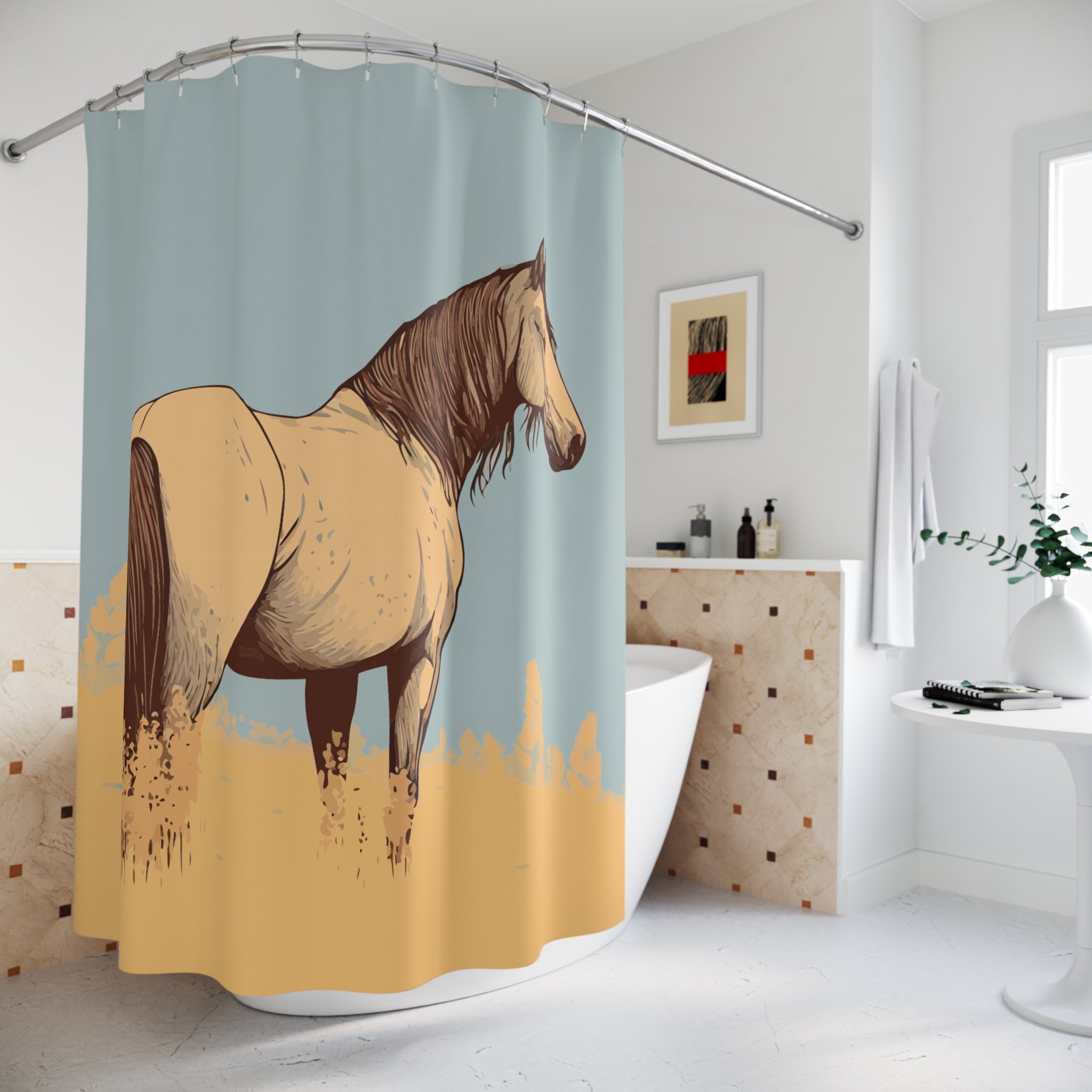 Retro Horse Illustration Shower Curtain Gift: Muted Majesty for Earthy Homes