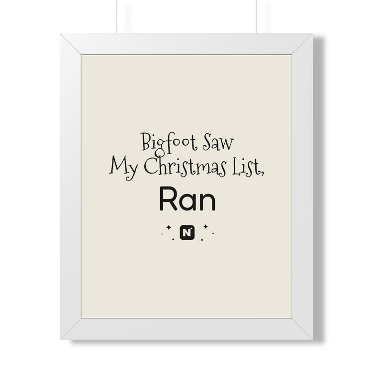 Bigfoot Christmas List Framed poster in white – original NewGiftDay design