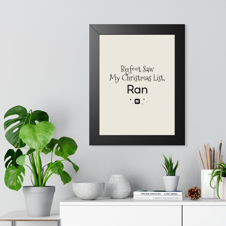 Bigfoot Christmas List Framed poster in white – original NewGiftDay design