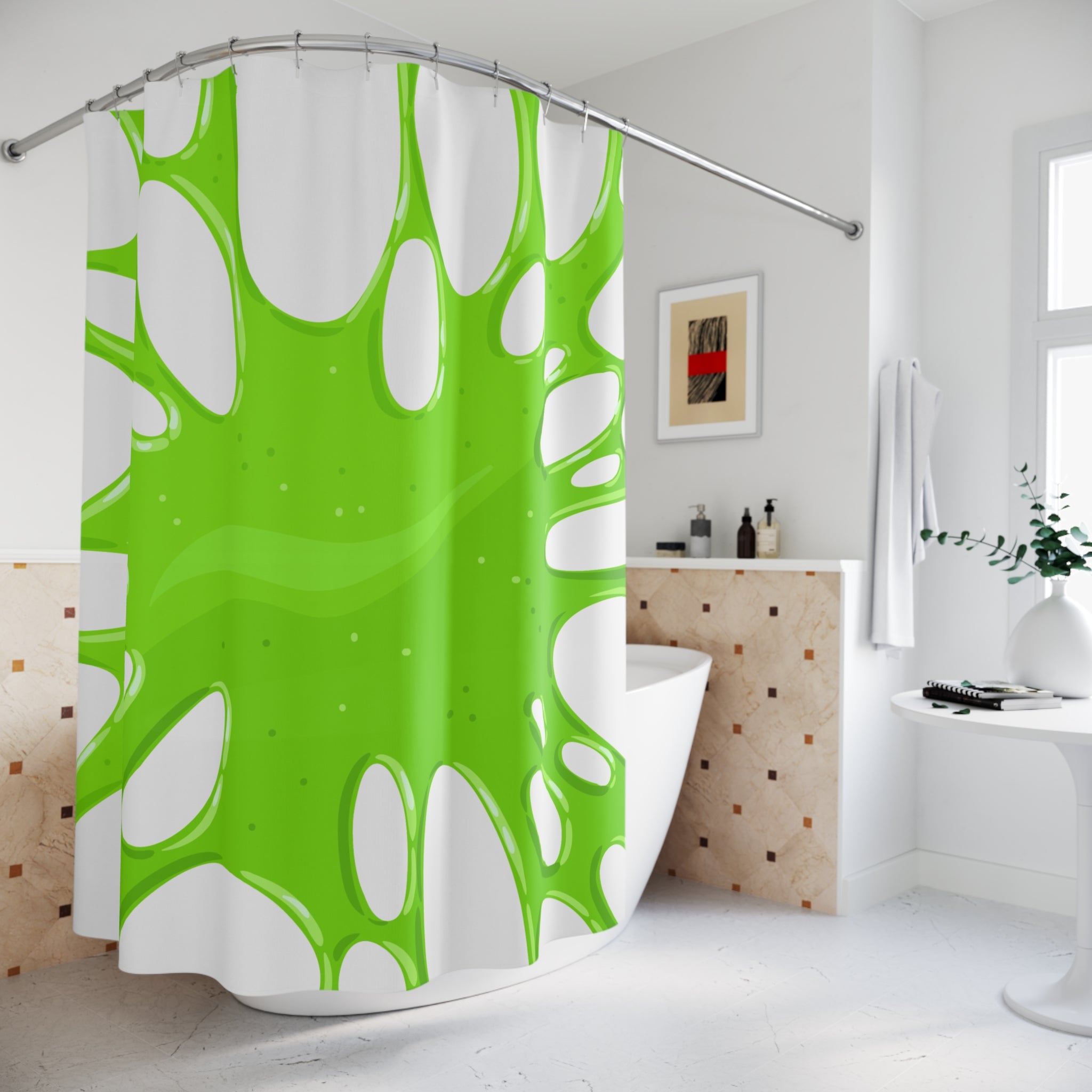 Vibrant Green Slime Splatter Shower Curtain Gift: Quirky Fun for Playful Homes